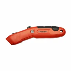 This retracting utility knife features a 7-1/2-inch overall length with a steel standard tip and a rubberized grip for control. The aluminum body is finished in black and orange. It uses a button retraction mechanism and is suited for cutting cardboard, drywall, plastic strapping, and general packaging materials.