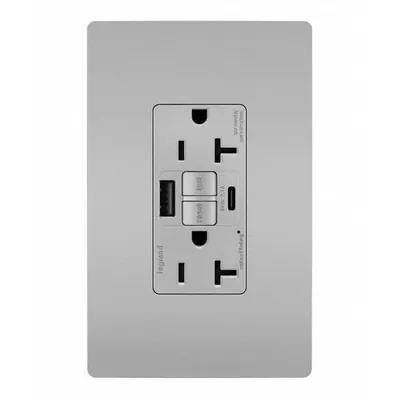 LEGRAND Receptacle: Duplex, 5-20R, 2 USB Ports, USB Type A/C, Gray, 125V AC, 20 A - Weather-Resistant Receptacles with USB Chargers