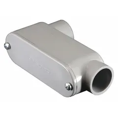 This LB-type 90° elbow conduit outlet body is made of PVC and has a 2 in hub size with a 63.5 cu in body capacity. It includes a gasket, lid, and screws. Used as a pull point in PVC conduit runs for routing or pulling wires in electrical raceway systems.