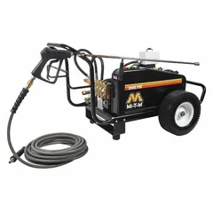 This cold water pressure washer operates at 3000 psi and 3.5 gpm, powered by an 8 hp motor on 460 V three-phase electrical supply. It features a belt-driven pump and is designed for cold water intake only. Suitable for cleaning equipment, machinery, and surfaces in industrial settings.