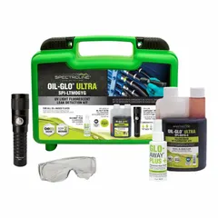 This fluorescent leak detection kit from the LeakTracker series includes an 8 oz bottle of fluorescent dye and a UV LED light powered by three included AAA batteries. The dye is added to a system and the UV light causes it to glow at the leak site, enabling precise identification of leaks in industrial equipment such as hydraulic systems, compressors, and refrigeration units.
