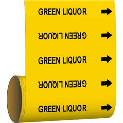 Yellow adhesive pipe markers with black legend text reading 'Green Liquor' and directional arrows. Each roll contains 30 markers for pipe outer diameters of 2 inches and smaller. Used to identify pipes carrying green liquor in industrial process lines.