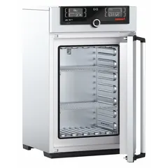 Natural gravity convection oven with 2.7 cu ft capacity, 300°C max temperature, and 2500 W power. Operates on 230V AC with temperature uniformity of ±1.8°C and accuracy tolerance of ±0.1°C up to 99.9°C, ±0.5°C at 100°C+. Used for drying, heating, sterilizing, sample preparation, material testing, and curing in laboratory and industrial settings.