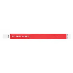 Tyvek wristband in red, 10 inches long and 3/4 inch wide. Pack of 500 single-use wristbands for visual identification in settings such as healthcare, hospitality, and events.