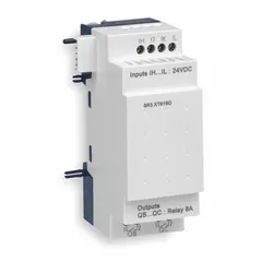 The SR3XT61B is a discrete input/output module from the SR3XT series, designed for use with Schneider controllers. It provides four discrete inputs for sensing signals and two relay outputs for switching loads. The module requires 24V AC power and is suitable for expanding I/O capacity in industrial automation systems.