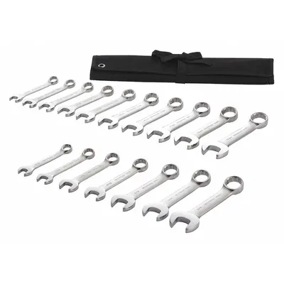 WESTWARD Combination Wrench Set: Alloy Steel, Satin, 17 Tools, 15° Head Offset Angle - SAE & Metric 12-Point Combination Wrench Sets