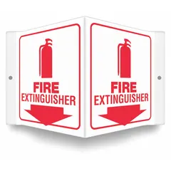 V-shape projection fire extinguisher sign made of PETG with a nominal size of 6 in x 8 1/2 in and 0.06 in thickness. Features mounting holes for wall installation. Not retroreflective, does not glow in the dark, and has no anti-slip surface. Used to mark fire extinguisher locations in industrial, commercial, and warehouse settings.