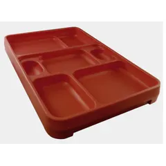 Terra cotta food tray with 7 compartments for portioned meal service in institutional settings. Overall dimensions: 14 1/4 in length, 9 1/2 in width. Color: Terra Cotta. Not NSF certified.