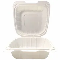 Square, ivory hinged-lid container made of mineral-filled polypropylene. Single compartment, medium weight, uncoated and unlined. Suitable for hot or cold takeaway meals in food service operations