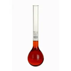 Conical glass flask for nitrogen determination via the Kjeldahl method. Colorless body meets USP Type I requirements. 30 mL capacity, compatible with stopper size 0.