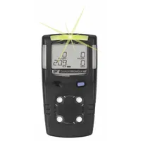 Portable multi-gas detector with integrated sampling pump, powered by a Lithium Ion Polymer battery. Equipped with infrared and oxygen sensors for monitoring combustible gases and oxygen levels. Used in industrial safety applications for confined-space entry and hazardous atmosphere monitoring