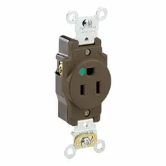 Single general purpose receptacle with 5-15R configuration, rated 125V AC and 15A. Brown nylon face, 2-pole 3-wire grounding type. Suitable for use in commercial and institutional settings requiring standard power distribution.