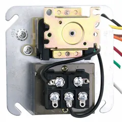 This fan-control relay integrates a transformer for direct control of fan motors in HVAC and refrigeration systems. The DPDT contact form provides both normally closed and normally open switching options. It operates on a 24V AC coil, suitable for industrial equipment requiring combined relay and transformer functionality.