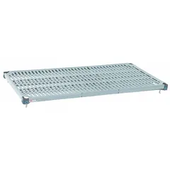 Ventilated shelf with a taupe polymer deck and steel frame, designed for quick-adjust repositioning without tools. The antimicrobial additive in the polymer deck inhibits bacterial growth, making it suitable for environments requiring hygiene. Supports up to 800 lb for heavy supplies.