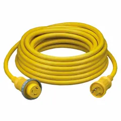 This outdoor extension cord features a NEMA L5-30P plug and a single outlet, with a 50 ft length of 10/3 STOW cable. Rated for temperatures from -4° to 140°F, it is suited for supplying power to equipment in outdoor environments such as marinas, construction sites, and events.