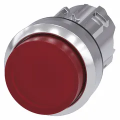 Momentary illuminated extended-length push-button operator from the 3SU series. Features a metallic blue push button and 22 mm mounting size. Suitable for use in industrial control panels as a tactile input device for machine start/stop stations, conveyor controls, and process automation systems.
