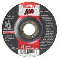Type 27 depressed center cut-off wheel for general purpose cutting of carbon and stainless steel. Aluminum oxide grain, 60 grit, A60S grade. Measures 4 1/2" diameter, 0.09" thickness, 7/8" arbor hole. Suitable for fabrication, maintenance, and metalworking tasks