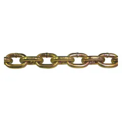 This PEERLESS chain is a Grade-70 load-securing chain made of carbon steel with straight welded links. It is used for heavy-duty tie-down and towing applications, such as securing cargo on flatbed trailers and construction equipment.