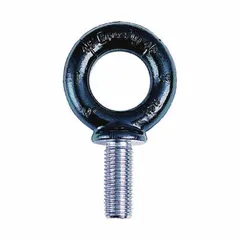 Steel machinery eye bolt with shoulder, black oxide finish. Thread size 1"-8, shank length 2-1/2 in, load rating 13,300 lb. Nut not included. Made in USA. Used for lifting and rigging in industrial settings, providing a load-rated attachment point for straight vertical lifts.