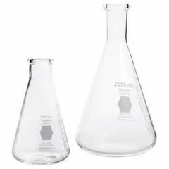 Conical glass flask with colorless body, 1 L capacity, and USP Type I specification. Compatible with stopper size 8. Used for mixing, heating, and storing liquids in laboratory settings such as chemical synthesis, titration, and media preparation.