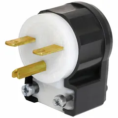 Angled straight blade plug with NEMA 6-15P configuration, rated 15 A at 250 V AC. Features 2 poles and 3 blades for grounding. Suitable for connecting equipment in industrial and commercial settings requiring a 2-pole, 3-wire grounding connection.