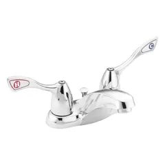 Centerset bathroom faucet with arc spout, constructed of brass with chrome finish. Flow rate of 1.2 gpm. Includes mounting hardware. Suitable for standard bathroom sink installations.