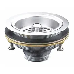 This brass sink drain with basket strainer is designed for kitchen or utility sinks without overflow. It features a threaded connection, 2-7/8 in overall height, 4-1/2 in overall diameter, and 7/8 in drain height. Supplied without a tailpiece for flexible plumbing connections.