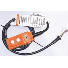 Pendant control station for CM Shopstar electric chain hoists. Provides Up/Down hoist functions. Includes a 6.5 ft pendant cord for remote operation. Used in manufacturing, warehousing, and assembly applications.