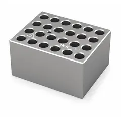 Dry block heater with an anodized aluminum block featuring 24 wells of 10 3/4 mm diameter. Overall dimensions are 3 inches long by 3 3/4 inches wide. Includes a thermometer well for temperature monitoring. Used in laboratories for heating samples in tubes or vials, such as for enzyme reactions, incubation, and sample preparation.