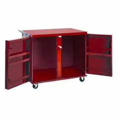 This jobsite cabinet provides 30.6 cu ft of storage capacity for tools and equipment. It is finished in brown and includes a padlock hasp for use with a user-supplied lock. Typical applications include secure storage on construction sites and in industrial facilities.