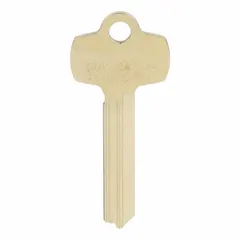 Unfinished brass key blank with a K keyway and 6 pins. Used by locksmiths to cut replacement keys for compatible locks. Suitable for general key duplication in security applications.