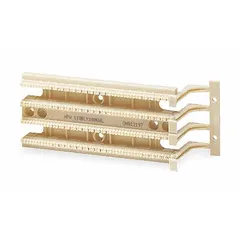 This wiring block provides 100 slots for 110-style termination of voice and data cables. It features attached legs and 24 clips with a 4/5 clip pair type, supporting Category 5e cable performance. Suitable for use in telecommunications rooms and equipment racks for structured cabling systems.