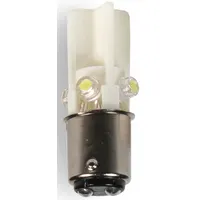 This LED lamp features a T3-1/4 tubular bulb shape with a BA15d double-contact bayonet base. It operates on 24 V AC/DC and emits white light. Suitable for use in panel indicators, annunciators, and control system signaling applications