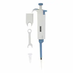 This manual adjustable-volume single-channel pipettor has a maximum capacity of 200 µL with 1 µL increments. It is suited for precise liquid handling tasks such as sample preparation, reagent dispensing, and serial dilutions in laboratory workflows.