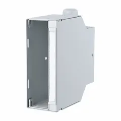 Steel housing with splice tray and crimp splice holder for rail mounting. Features an OpDAT x M20 cable gland connection and 180° mounting angle. Supplied unequipped for custom connector installation. Used for organizing and protecting fiber optic splices in voice and data networks.