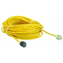 This outdoor extension cord provides a single 125V AC outlet at a 90 ft distance. It features a 12/3 SJTOW jacket and NEMA 5-15P plug, with a temperature rating of -58° to 194°F. The yellow jacket enhances visibility. Suitable for construction sites, landscaping, and temporary power in harsh weather.