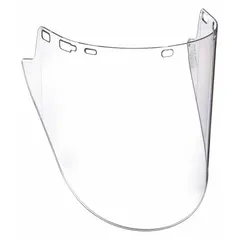Polycarbonate replacement visor for face shields. Overall height 10 in, thickness 0.78 in. Provides splash and impact protection in industrial environments such as machining, assembly, and chemical handling.
