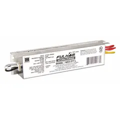 Instant start electronic ballast for fluorescent lamps. Operates at 277V AC and supports 1 or 2 FC12T5 lamps. Overall length 6 1/2 in, width 1 1/2 in. Used in commercial and industrial lighting fixtures such as troffers and strip lights.