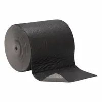 This polypropylene sorbent roll measures 16 inches wide by 150 feet long in black/gray. It is used for absorbing industrial spills, leaks, and drips in maintenance, manufacturing, and facility environments. The material handles oils, coolants, solvents, and water-based fluids