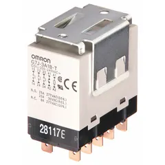 This bracket-mounted enclosed power relay from the OMRON G7J Series features a 3PST-NO/SPST-NC contact configuration rated for 25 A at 30V DC (resistive load NO). It operates on a 200/240V AC coil voltage and includes a square base with W-bracket mounting and quick-connect terminals. Suitable for switching high-current loads in industrial control panels and automation equipment.