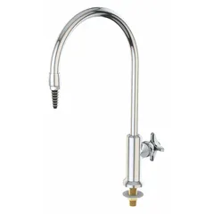 Single-post laboratory faucet for cold water media. Constructed of brass with a chrome finish. Features one handle, one outlet, inline flow pattern, and an IPS inlet connection. Green CW index identifies cold water supply. Suitable for laboratory sinks requiring a dedicated cold water outlet.
