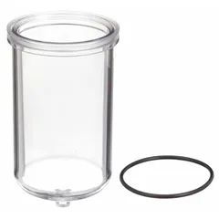 Plastic replacement bowl for LRP series filter-regulator-lubricator units. Used in compressed air systems to house filter elements and collect condensate. Direct replacement part for compatible FRL assemblies.