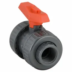 PVC ball valve with straight body, full port ball port, and FNPT x FNPT connections. Tee handle for manual on/off flow control. Suitable for water, chemicals, and air in industrial piping systems.