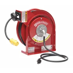 Self-retracting cord reel with ratchet lock for secure cord positioning. Includes 45 ft of 12 AWG SJEOOW cable, a 5-15P feeder plug, and a 5-15R retractable outlet. Suitable for managing power cords in workshops, garages, and industrial facilities to reduce trip hazards and cord damage.