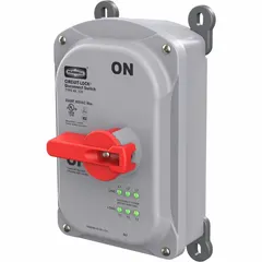 Non-fusible disconnect switch rated for 30 A and 600V AC, three-phase. Features a red handle and PBT housing. Suitable for indoor and outdoor environments. Meets NSF standards. Used to safely isolate electrical circuits in industrial and commercial applications.