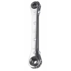 Alloy steel construction with chrome finish. Four SAE head sizes (1/4, 3/8, 3/16, 5/16 in) in a single tool. Ratcheting 4-point box end design for use on square or spline fasteners in confined spaces. Suitable for general service and repair tasks.