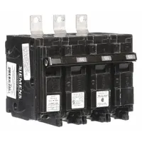 Three-pole miniature circuit breaker rated 100 A at 120/240V AC, part of the BL Series. Features a shunt trip for remote disconnection and a maximum AIR rating of 65kA at 240V AC. Designed for bolt-on mounting in Siemens P1 panelboards, providing overcurrent protection in three-phase power distribution systems