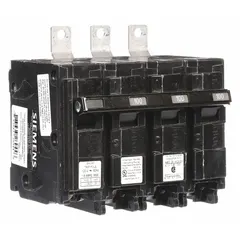 Three-pole miniature circuit breaker rated 100 A at 120/240V AC, part of the BL Series. Features a shunt trip for remote disconnection and a maximum AIR rating of 65kA at 240V AC. Designed for bolt-on mounting in Siemens P1 panelboards, providing overcurrent protection in three-phase power distribution systems.