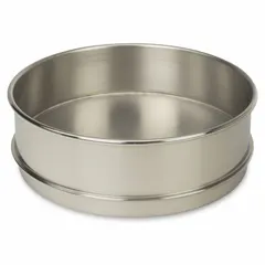 This stainless steel testing pan has an 8-inch overall diameter. It is used as a collection pan beneath a stack of test sieves in particle size analysis, capturing fine particles that pass through the finest sieve for accurate gradation results.