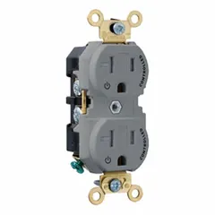 General purpose duplex receptacle rated 125V AC, 20 A, NEMA 5-20 configuration, 2 pole / 3 wire. Gray finish. Suitable for commercial and industrial applications requiring a 20-amp, 125-volt grounded outlet for powering equipment, appliances, and tools.
